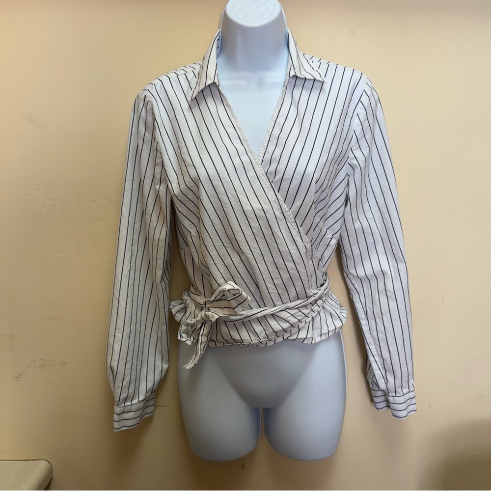 Loft Striped Cotton Blend Wrap White Black Shirt Blouse Womens Medium